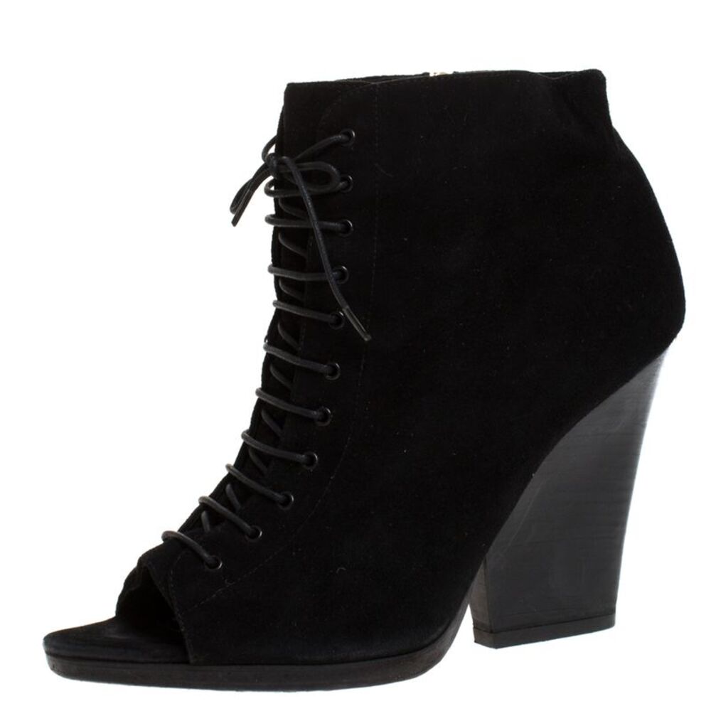 Burberry Black Suede Peep Toe Lace Up Booties Size 39